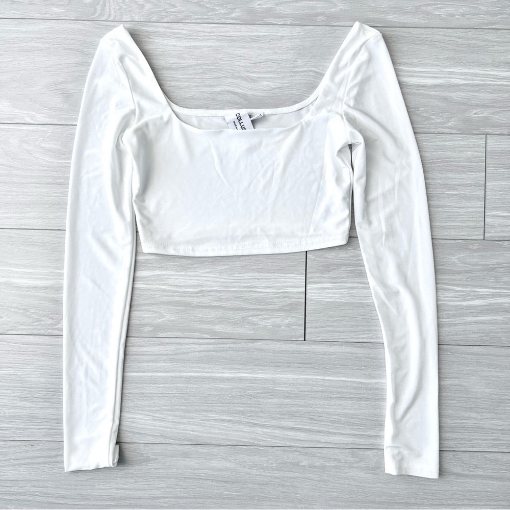 COLLUSION Long Sleeve Slinky White Crop Top with Square Neckline